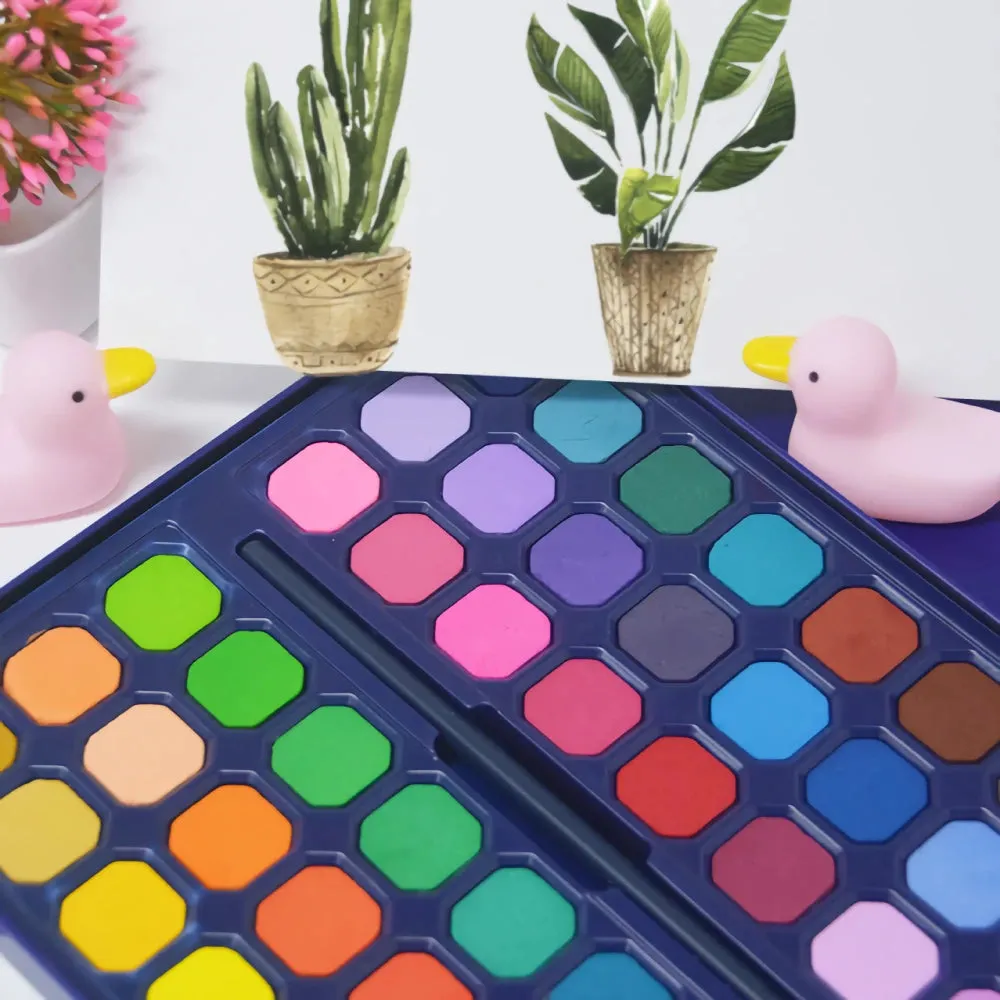 48 Color Solid Watercolor Paint Set - Portable Brush Pens for Artists