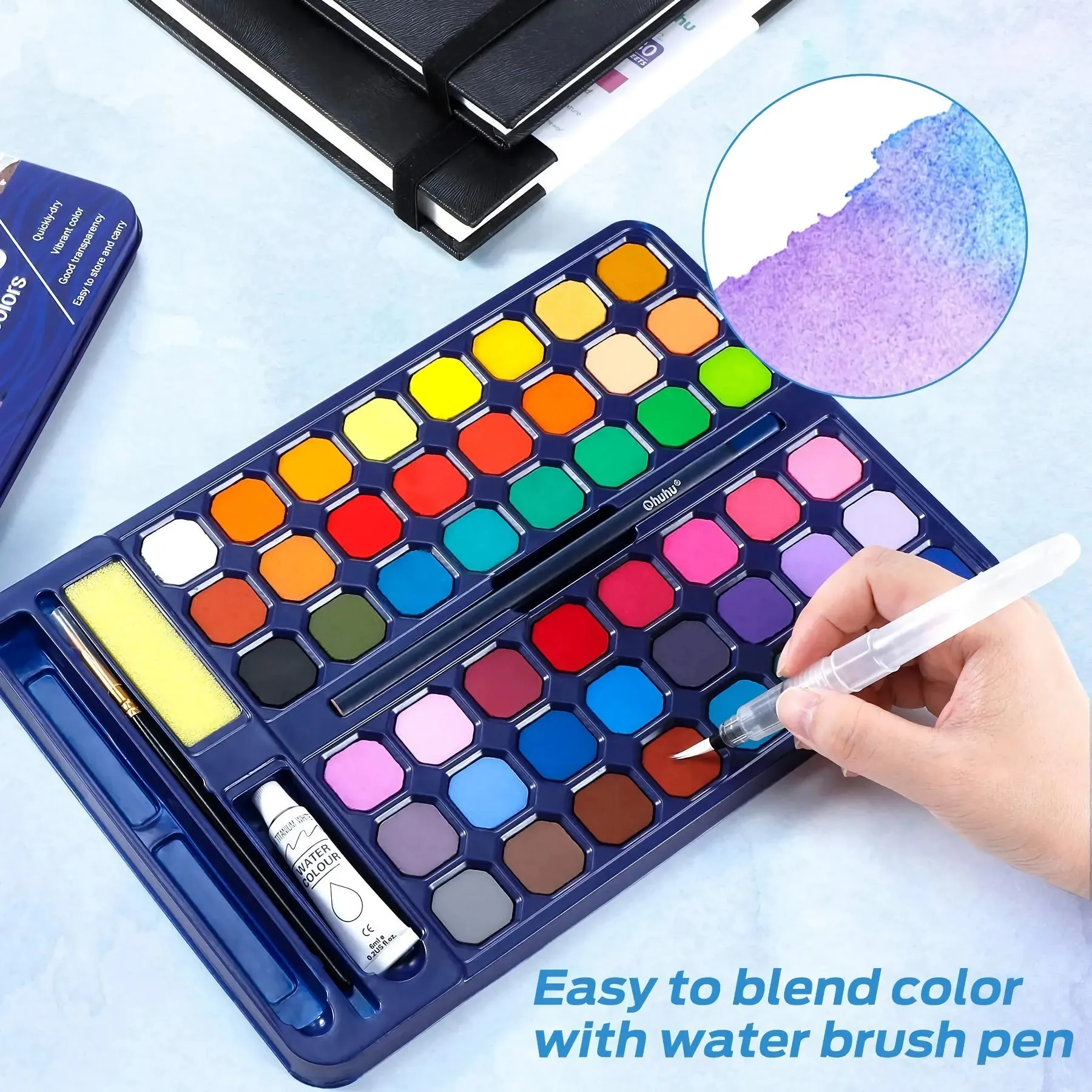 48 Color Solid Watercolor Paint Set - Portable Brush Pens for Artists