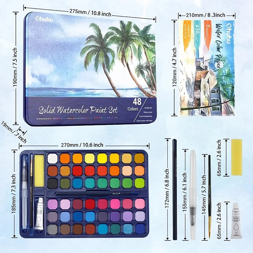 48 Color Solid Watercolor Paint Set - Portable Brush Pens for Artists