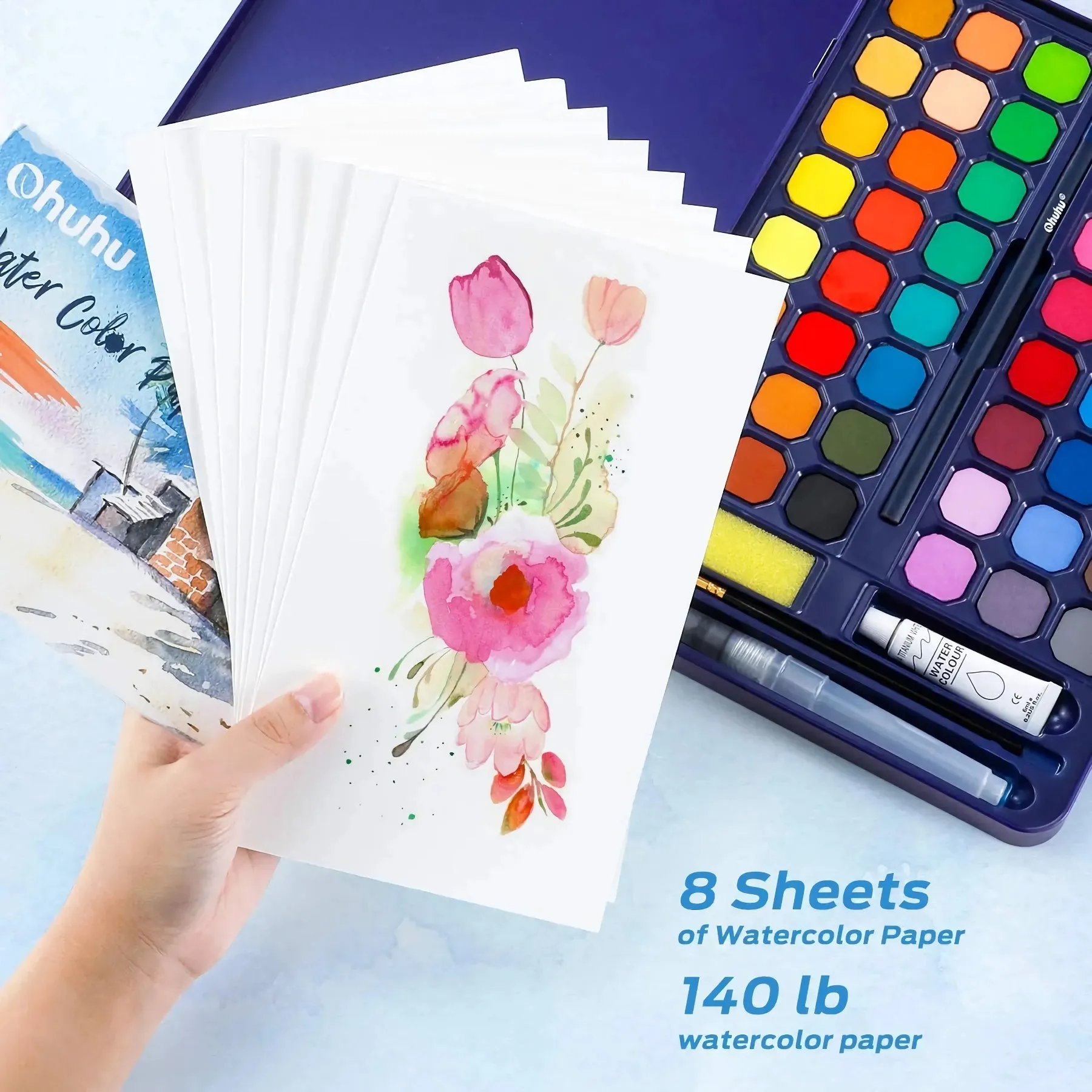 48 Color Solid Watercolor Paint Set - Portable Brush Pens for Artists
