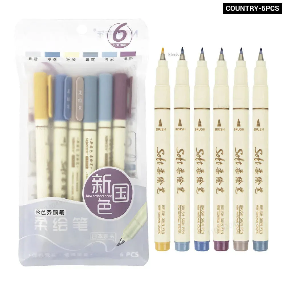 6 Piece Retro Colour Lettering Art Marker Set Soft Brush Tip Calligraphy Design