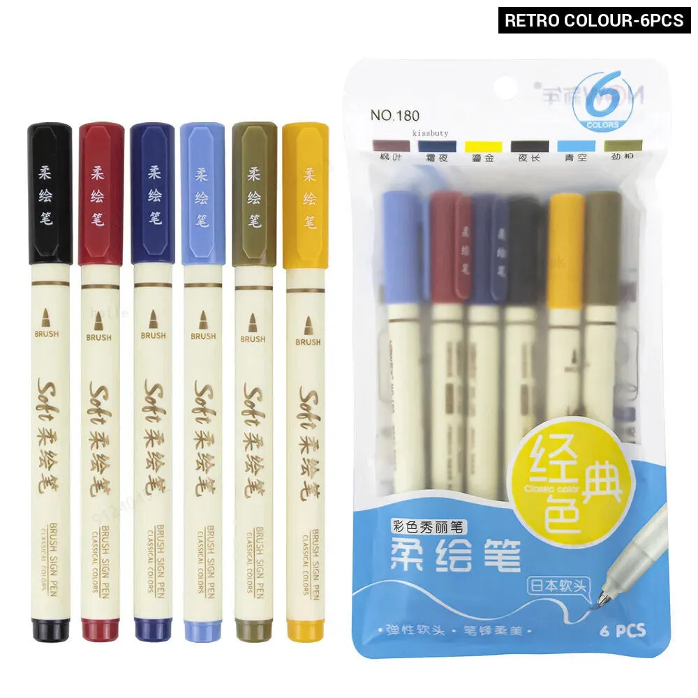 6 Piece Retro Colour Lettering Art Marker Set Soft Brush Tip Calligraphy Design