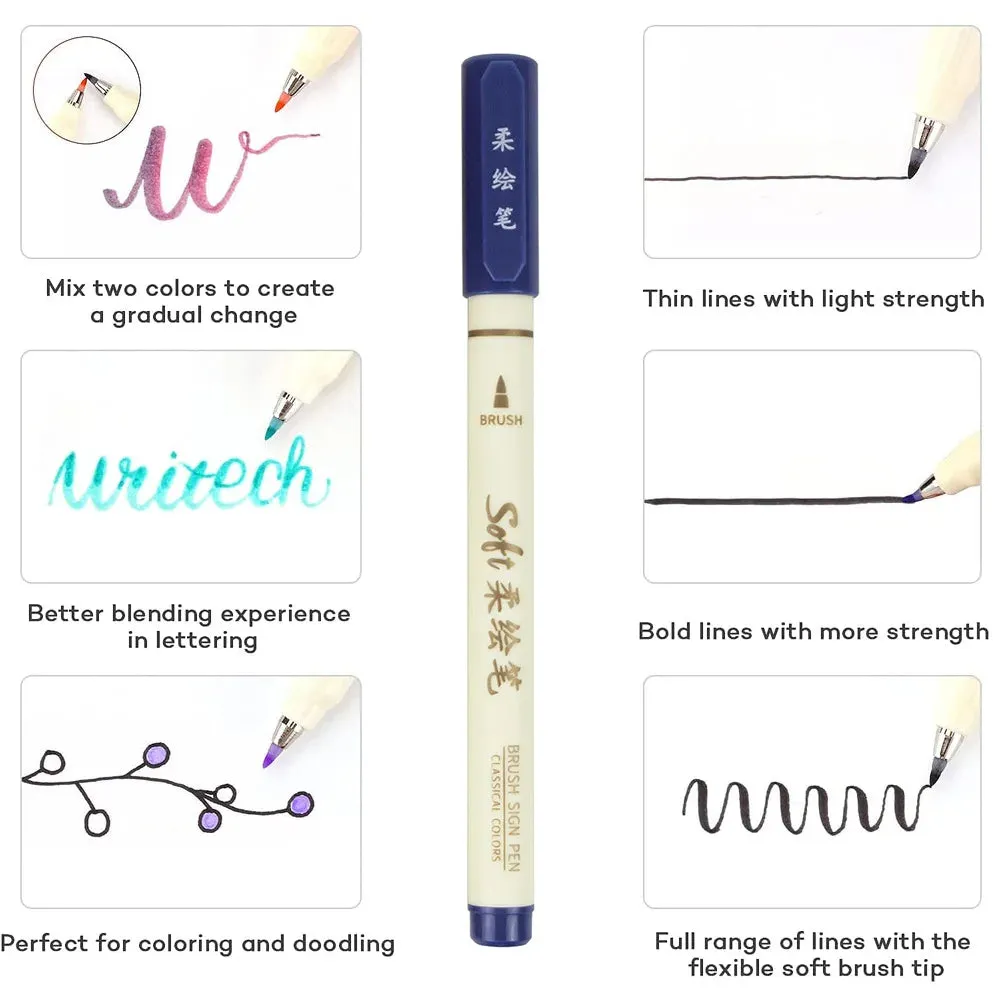 6 Piece Retro Colour Lettering Art Marker Set Soft Brush Tip Calligraphy Design