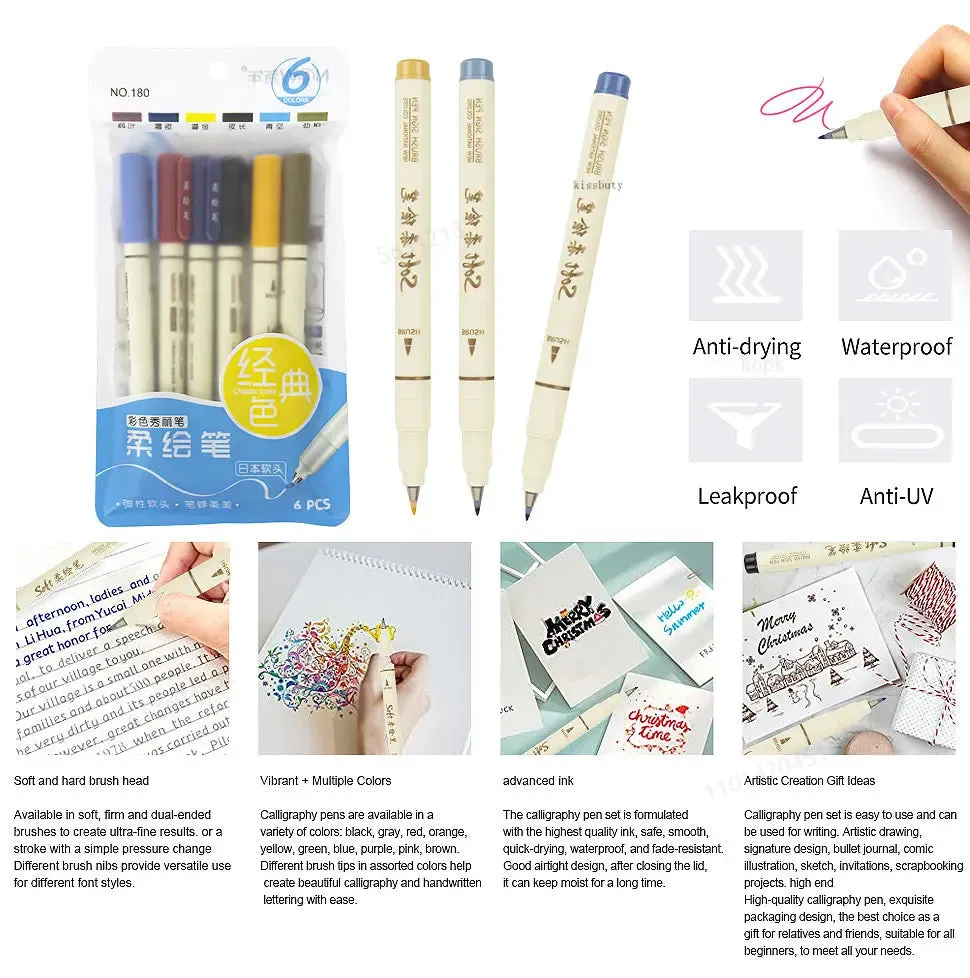 6 Piece Retro Colour Lettering Art Marker Set Soft Brush Tip Calligraphy Design
