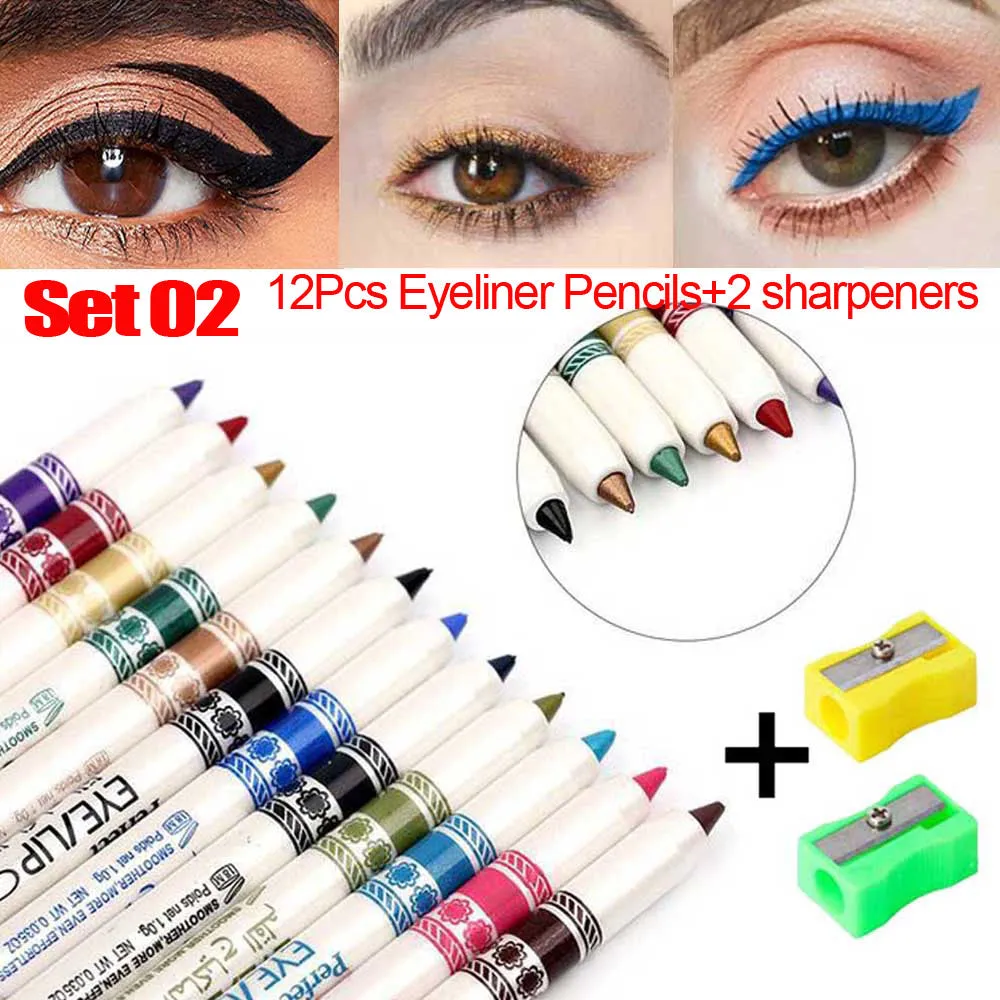 evpct 12 Colors Matte Eyeliner Pencils Pens Set with a Sharpener,Bright Light Blue Red Purple Green Black Colored Colorful Eyeliner Pencils Sets, Pearl Metallic Glitter Eyeliner Pencil Kit(Set02)