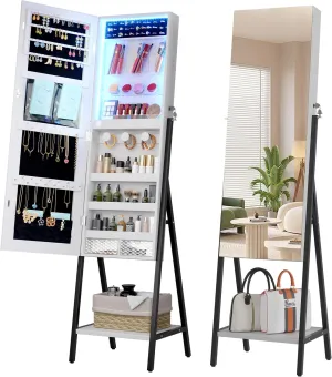 LVSOMT 3 LEDs Mirror Jewelry Cabinet, 60.4" Jewelry Mirror Full Length, Standing Lockable Jewelry Armoire Organizer, Floor Mirror with Storage for Jewelry Cosmetics, White
